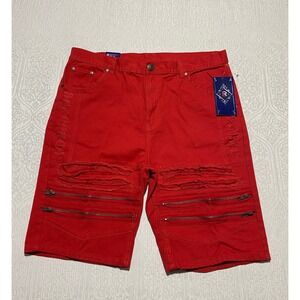 LR‎ Scoop Red Distressed Denim Shorts Size 38 Zippers Accents Jorts